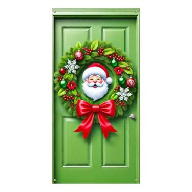 Imagem de BlissYard Capa de porta de guirlanda de Natal de Papai Noel, faixa decorativa de Natal com laço vermelho, flocos de neve, vegetação e poinsétias para decoração de inverno interna e externa
