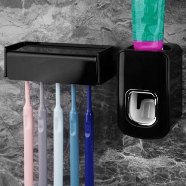Imagem de Suporte de escova de dentes de parede com 5 compartimentos, organizador de armazenamento de escova de dentes autoadesivo para chuveiro, cabide de escova de dentes com dispensador automático de pasta