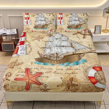 Imagem de AILONEN Jogo de lençol solteiro de barco náutico, tamanho GG, navios marítimos, 3 peças, leme de barco para decoração de quarto de crianças, meninos e adolescentes, amarelo retrô + 2 fronhas