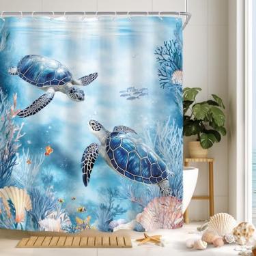 Imagem de Riyidecor Cortina de chuveiro de tartaruga de praia para decoração de banheiro 152 cm L x 182 cm A, oceano, mar, tropical, verão, litoral, turquesa, turquesa, coral, concha, tecido impresso, poliéster