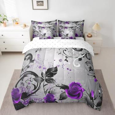 Imagem de Conjunto de edredom vintage, floral, floral, roxo, preto, botânico, feminino, elegante, para todas as estações, edredom acolchoado, lençóis, fronhas, fronhas
