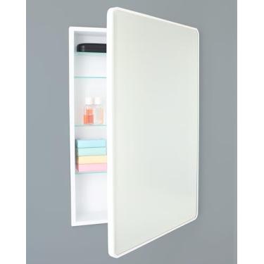 Imagem de Gabinete de remédios de banheiro embutido retangular arredondado de metal Austin Farmhouse, espelho chanfrado, abertura de parede de 45,7 x 71 cm, aço revestido a pó, prateleiras de vidro ajustáveis