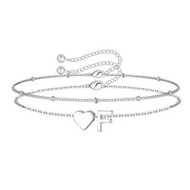 Imagem de M MOOHAM Pulseiras femininas de ouro com inicial de coração – Pulseiras femininas delicadas em camadas com pingente de coração e letra A-Z com elos de corrente, pulseiras com contas, presentes de