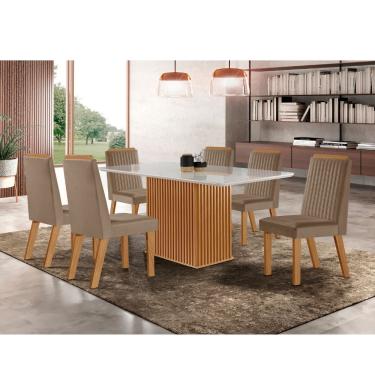 Imagem de Conjunto Sala de Jantar Mesa Riviera com Tampo de Vidro 180cm e 6 Cadeiras Riviera LJ Móveis - Castanho Cinamomo/ Capuccino/Off White