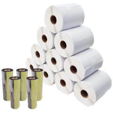 Imagem de Kit 10 Rolos Etiqueta Couche 100mm x 50mm + 5 Ribbons