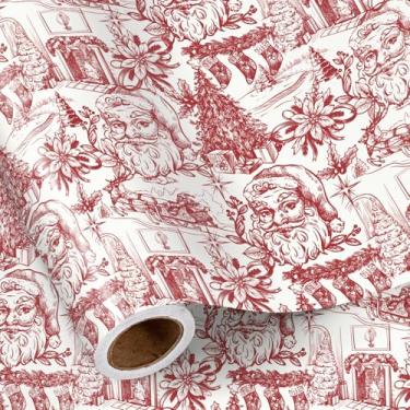Imagem de RUSPEPA Rolo de papel de embrulho de Natal Toile, mini rolo, Papai Noel vintage vermelho e branco, design de lareira e cena de férias, embrulho de presente estilo vintage para presente de Natal, 43 cm