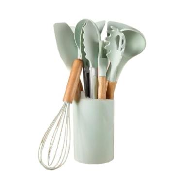 Imagem de Jogo de Cozinha Kit com 12 Peças de Silicone, Utensílios e Copo Suporte para Cozinha Cabo de Madeira(Verde menta)