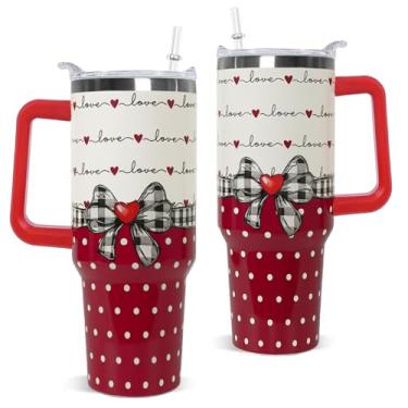 Imagem de Nqhsionv Copo de Dia dos Namorados com Alça 1,134 g Laço Vermelho Presentes Amor Corações Café Caneca de Viagem Aço Inoxidável Copo Isolado Dia dos Namorados Aniversário Presentes de Aniversário para