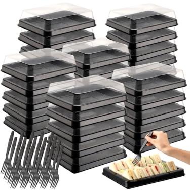 Imagem de Rtteri Pacote com 30 bandejas de catering com tampas e garfo, bandeja de servir com tampa, plástico reutilizável, 30 x 24 x 6 cm, travessas de festa para preparação de refeições, bolos, petiscos e