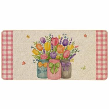 Imagem de Baccessor Tapete de porta rosa floral primavera tulipas borboleta decorativo tapete externo xadrez búfalo xadrez antiderrapante suporte de borracha para entrada sazonal fora interior decoração de