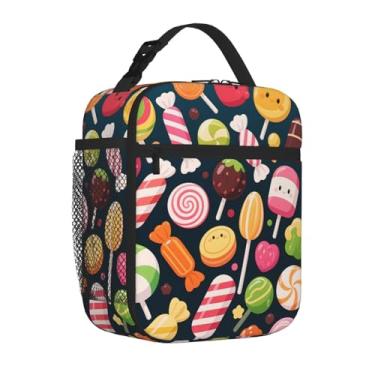 Imagem de Uxeqtop Lancheira infantil isolada, reutilizável, leve, resistente à água, com suporte para garrafa de água, adequada para meninas e meninos (pirulito)