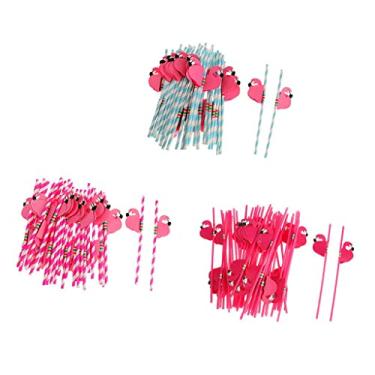 Imagem de 75 peças de canudos listrados de flamingo para decoração de festa tropical | Canudos de plástico reutilizáveis sem BPA para copos | Canudos decorativos para chá de bebê, aniversário, casamento,