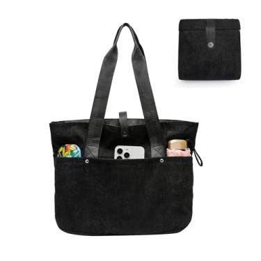 Imagem de mcuvaec Bolsa feminina de veludo cotelê, bolsa dobrável com zíper, bolsa de ombro grande, bolsas e bolsas para viagens de trabalho, Bolsa de veludo cotelê - preta, Medium
