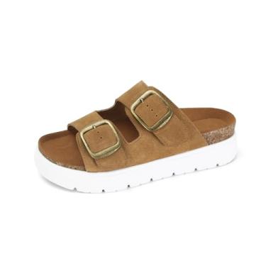 Imagem de Gengzai Sandálias femininas de couro genuíno com plataforma confortável para verão e praia com fivela dupla ajustável, Camurça castanha, 40