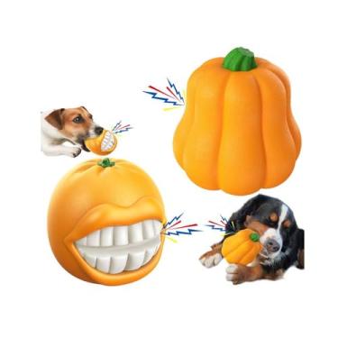 Imagem de IGYYO Pacote com 2 brinquedos para cães Squeak Brinquedos interativos para cães pequenos/médios/grandes para mantê-los ocupados do tédio (borracha) (laranja + abóbora)