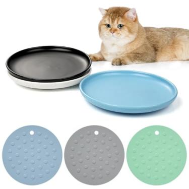 Imagem de Conjunto de 3 pratos de comida para gatos Whisker-Relief, pratos de cerâmica rasos com tapetes de silicone, tigelas de alimentação não metálicas para animais pequenos, lavável na lava-louças