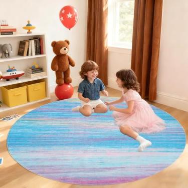 Imagem de USTIDE Tapete infantil grande arco-íris redondo 1,8 m lavável tapete azul listrado confortável quarto / sala de estar / sala de aula/decoração de quarto de meninas
