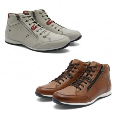 Imagem de Kit 2 Pares Sapatênis Masculino Couro Legítimo Cano Alto Venture com Zíper Lateral (Branco e Avelã, BR, Adulto, Numérico, 38)