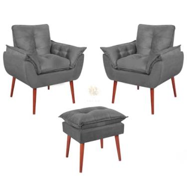 Imagem de Kit 2 Poltronas Decorativas Opala + Puff Opala Vit Decor – Fibra Siliconada, Suede Premium, Pés Palito, Sala, Quarto, Recepção Bege (Cinza Escuro)