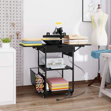 Imagem de PUNCIA Mesa de prensa térmica dobrável com gavetas – Suporte de prensa térmica resistente com rodas para facilitar a mobilidade, bancada de trabalho dobrável e resistente para sublimação, camisetas e