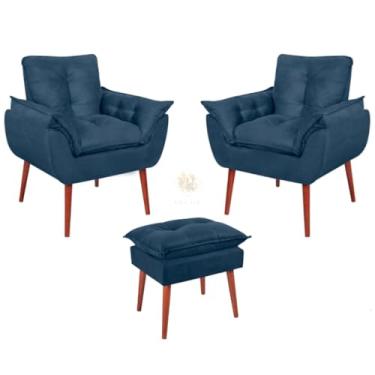 Imagem de Kit 2 Poltronas Decorativas Opala + Puff Opala Vit Decor – Fibra Siliconada, Suede Premium, Pés Palito, Sala, Quarto, Recepção Bege (Azul Marinho)