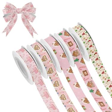 Imagem de SEHANY 5 rolos de fita de Natal 0,59 polegadas 5 jardas fitas de tecido de gengibre de Natal fitas de cetim festivas fitas decorativas de Natal para embrulho de presente faça você mesmo artesanato