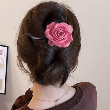 Imagem de Elegante grampo de cabelo rosa torcido com pétalas de seda estilo neo-chinês floral bico de pato para mulheres, acessórios de cabelo românticos para festas de casamento e uso diário