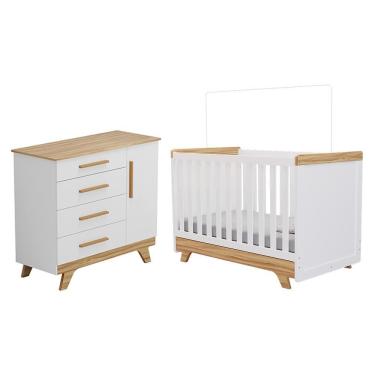 Imagem de Jogo De Quarto Infantil Retrô Cômoda E Berço Branco Brilho/amêndoa - Móveis Peroba