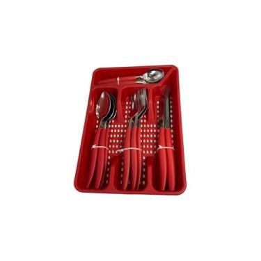 Imagem de Conjunto 17 Peças Faqueiro com Porta Talher, Vermelho, Aço Inoxidável e Plástico, 4 Colheres de Mesa, 4 Garfos, 4 Facas, 4 Colheres de Sobremesa