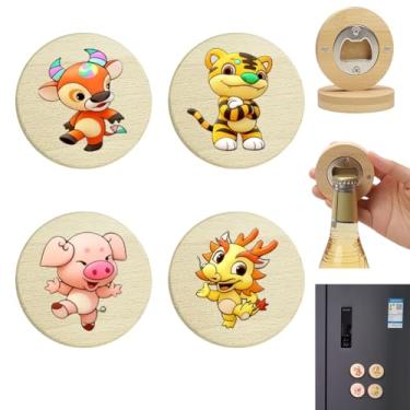 Imagem de Abridor de garrafas de bambu com parte traseira magnética, 12 peças, design do zodíaco chinês, abridor de cerveja redondo de madeira de 6 cm, adesivo de geladeira para lembrancinhas de casamento, bar