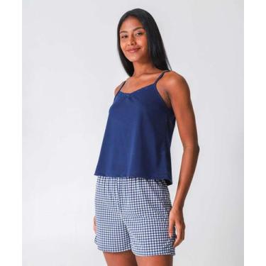 Imagem de Pijama Feminino Estampa Xadrez Alças Finas Marisa-28013, Azul, M