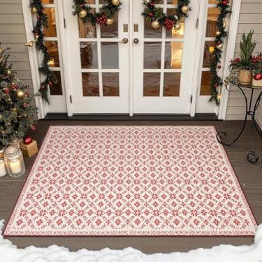 Imagem de jinchan Tapete de Natal com aparência de malha, 10 x 15 cm, para sala de estar, quarto, vermelho, para sala de jantar, hall de entrada, Natal, clássico, estampa de floco de neve, decoração de Natal