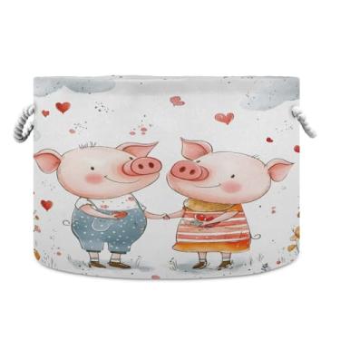 Imagem de WELLDAY Cesta de corda de algodão para bebês com porcos apaixonados para sala de estar, lavanderia, berçário, travesseiros, decoração de casa