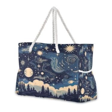 Imagem de Wassud Bolsa de praia feminina grande com estrelas e lua com nuvens, à prova d'água, à prova de areia, bolsa de viagem com zíper e bolso para piscina, academia, acampamento
