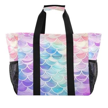 Imagem de Wassud Sacolas de compras reutilizáveis com estampa de sereia arco-íris grande bolsa organizadora de lona impermeável para praia, piquenique, lavanderia, viagem