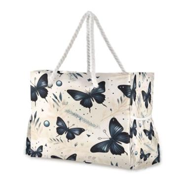 Imagem de Wassud Bolsa de praia preta borboletas grandes bolsas de praia para mulheres, impermeável, à prova de areia, bolsa de viagem com zíper e bolso para piscina, academia, acampamento