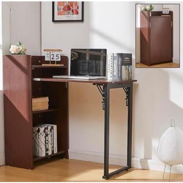 Imagem de HDDFER Mesa dobrável, mesa dobrável de meados do século para espaços pequenos, escritório em casa e quarto de nogueira