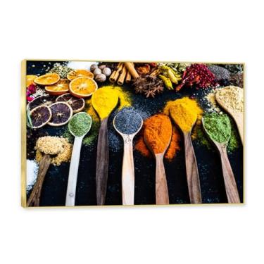 Imagem de NHLDZYH Moldura dourada. Arte de parede em tela de especiarias coloridas e colher de tempero | Decoração de cozinha vintage | Arte moderna para casa e sala de jantar. B11. 80 x 120 cm - 31,5 x 47,3