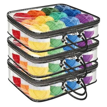 Imagem de RAORAOYUE 3 bolsas de armazenamento de fios, organizadores de tricô de 40,6 x 30,5 x 10 cm com zíperes e alça, bolsa de armazenamento de lã transparente à prova de poeira para roupas, chapéus, toalhas