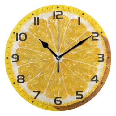 Imagem de Qilmy Relógio de parede pequeno moderno com recorte de limão, 25 cm, operado por bateria, silencioso, sem tique-taque, relógio analógico decorativo para casa, escritório, escola, quarto, banheiro e
