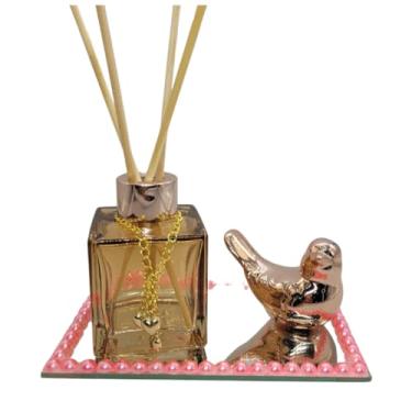 Imagem de Kit Difusor de Aroma 100ml com Bandeja Decorada e Passarinho – Frasco de Vidro Ambar para Casa, Aromatizador e Decoração Elegante(ROSE)