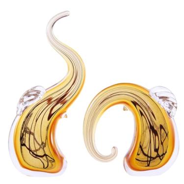 Imagem de Estátuas de elefante de vidro soprado à mão, decoração de casa, 2 peças - Elefante dourado para suporte de TV, prateleira, mesa e jantar | Estátuas grandes para decoração de casa, decoração de vidro