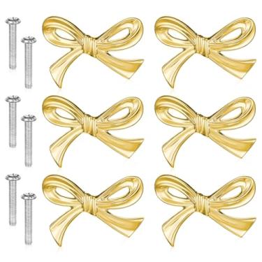 Imagem de Meyeyaia Puxadores de laço dourados para cômoda 6 peças puxadores de gaveta de laço, laços de armário de latão maciço, puxadores decorativos de gaveta, puxadores de arcos elegantes vintage para