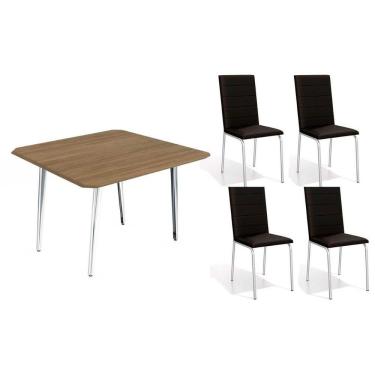 Imagem de Conjunto: Mesa Sala Jantar Iguaçu C- Tampo De Madeira 90cm + 4 Cadeiras Amsterdã Cromada - Corano Preto - Kappesberg
