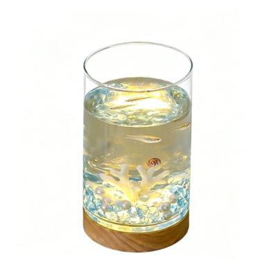 Imagem de DJYILUF Tanque de peixes Betta pequeno com luz quente e decoração, aquário de vidro transparente de 1 litro/vaso/terrário de plantas hidropônicas, kit completo para iniciantes para mesa, presente