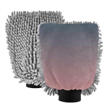 Imagem de ODAWA Pacote com 2 luvas de lavagem de carro rosa azul gradiente, espuma de chenille, sem arranhões, canhão, luva para lavagem de carro 20,5 x 30 cm