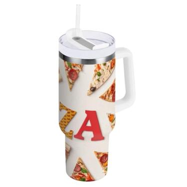 Imagem de Copo isolado a vácuo grande com tampa e canudo, fatias de pizza copos brancos isolados de viagem