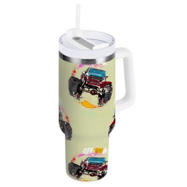 Imagem de ODAWA Copo isolado de caminhão grande com tampa e canudo, copo isolado de aço inoxidável