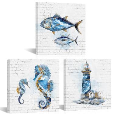 Imagem de LoveHouse Conjunto de arte de parede em tela náutica de 3 peças, azul e dourado, farol de peixe, cavalo-marinho, 30 x 30 cm cada, decoração de praia costeira para banheiro, quarto, sala de estar