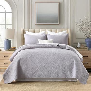 Imagem de AJOCCI Conjunto de edredom King Size de algodão cinza, conjunto de edredom geométrico, colcha de algodão macio, cor sólida, leve, para todas as estações, 3 peças